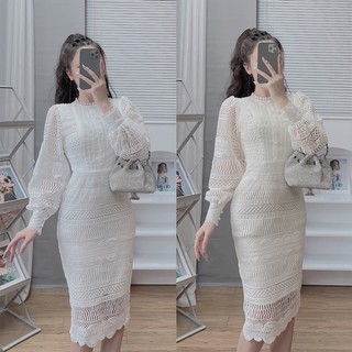 Đầm ren body dài tay phối cúc