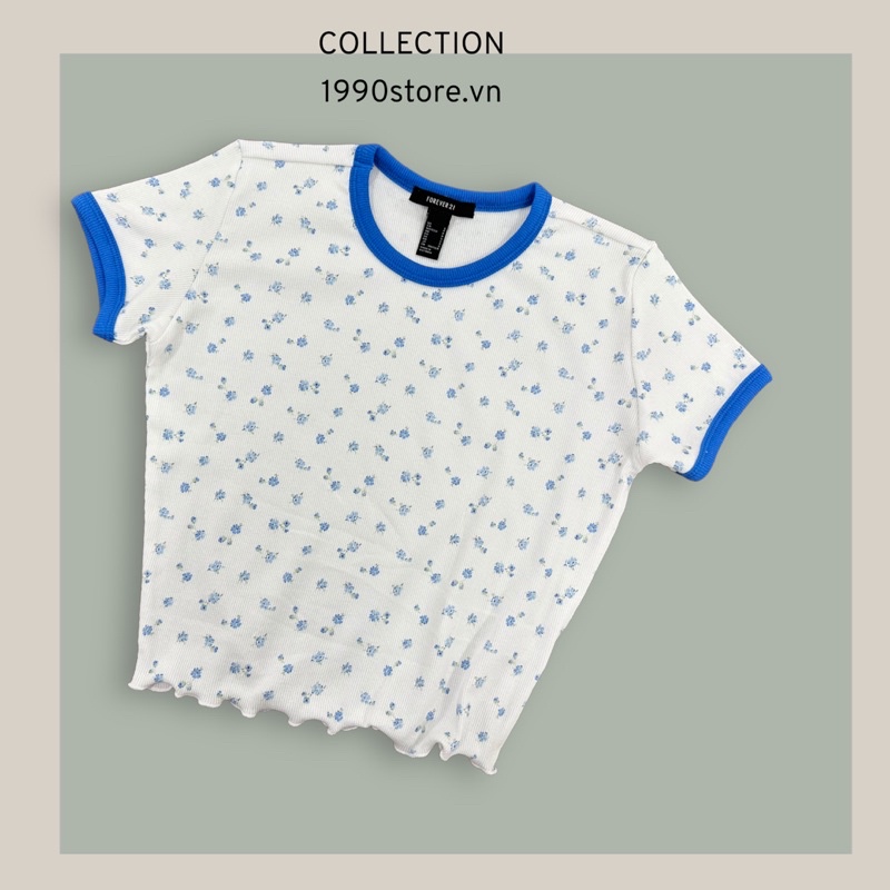 Áo thun tay ngắn viền cổ xanh hoa nhí chất thun gân vnxk