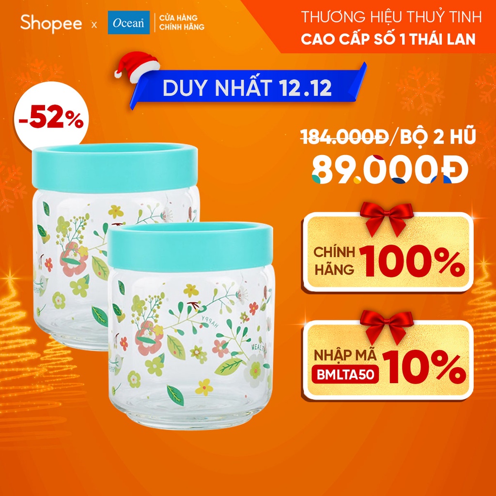 Bộ 2 Hũ Thủy Tinh Ocean Stax Jar 500ml In Hoa Nắp Nhựa