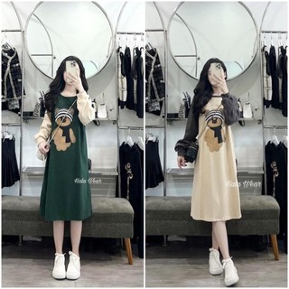 Váy suông dài tay form rộng in gấu phối tay, đầm suông dài tay bo chất cotton co giãn