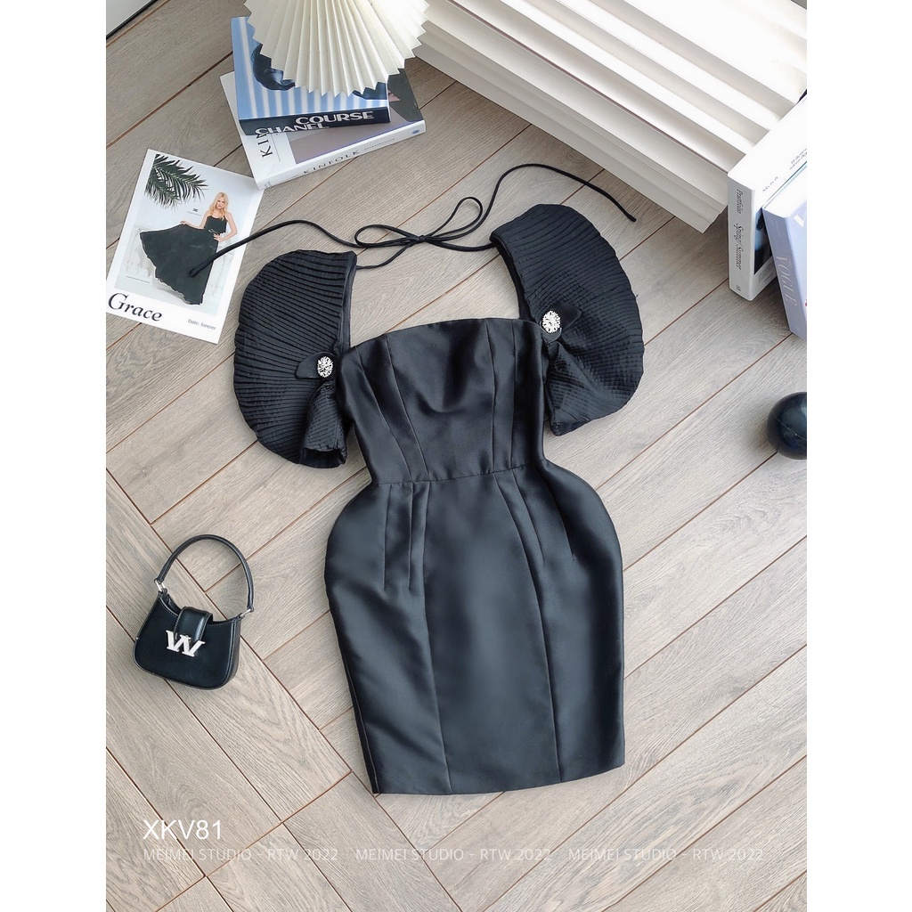Đầm dự tiệc, váy tiểu thư dáng midi, cổ vuông, tay phồng, phong cách sang trọng, quý phái | XKV81 | Meimei Studio