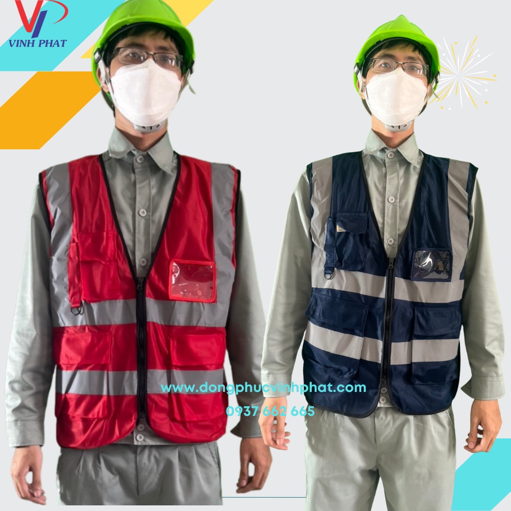 Áo lưới phản quang công nhân cao cấp màu xanh đen, đỏ đô có khóa kéo túi nắp bảo hộ an toàn