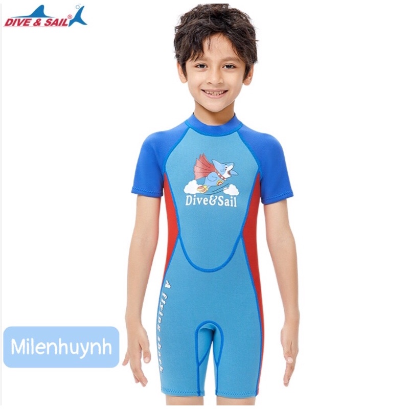 Đồ bơi giữ nhiệt ngắn tay dày 2.5mm cho bé trai WS M151614K hiệu Dive & Sail xanh cá mập