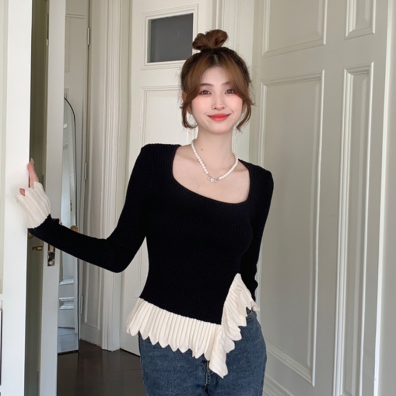Áo Sweater Dệt Kim Tay Dài Cổ Vuông Phối Bèo Dễ Thương Cho Nữ