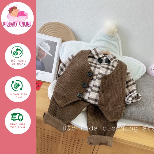 Bộ vest 3 chi tiết kèm nơ cho bé trai từ 8-18kg diện Lễ, Tết- Bộ vest nhung bé trai- Bộ gile bé trai Kidbabyonline K167