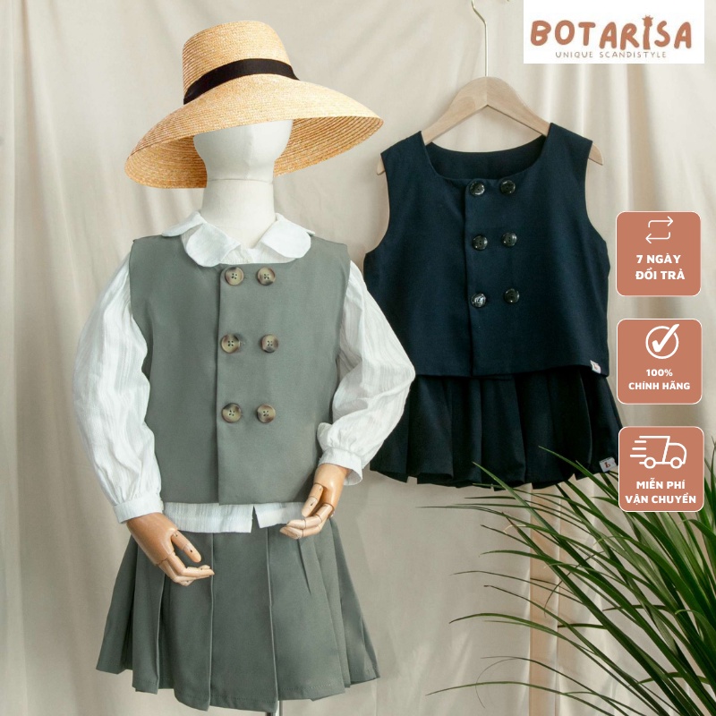 Bộ đồng phục đi học tay dài BOTARISA set 3 món gile, sơ mi, chân váy phong cách Hàn Quốc cho bé gái 10-30kg