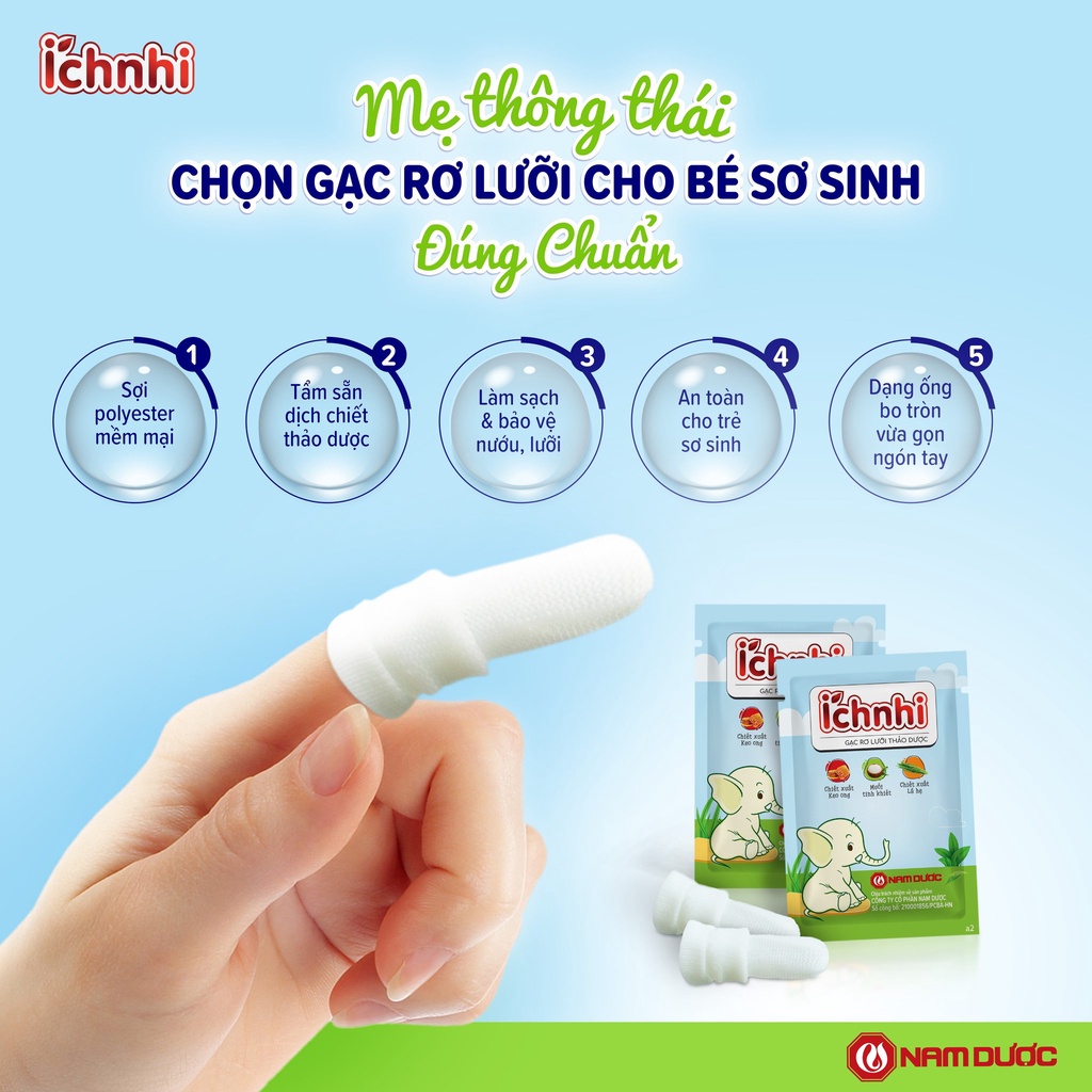 Gạc rơ lưỡi thảo dược Ích Nhi hộp 30 gói giúp vệ sinh răng miệng, làm sạch và bảo vệ lưỡi, nướu trẻ sơ sinh, người ốm