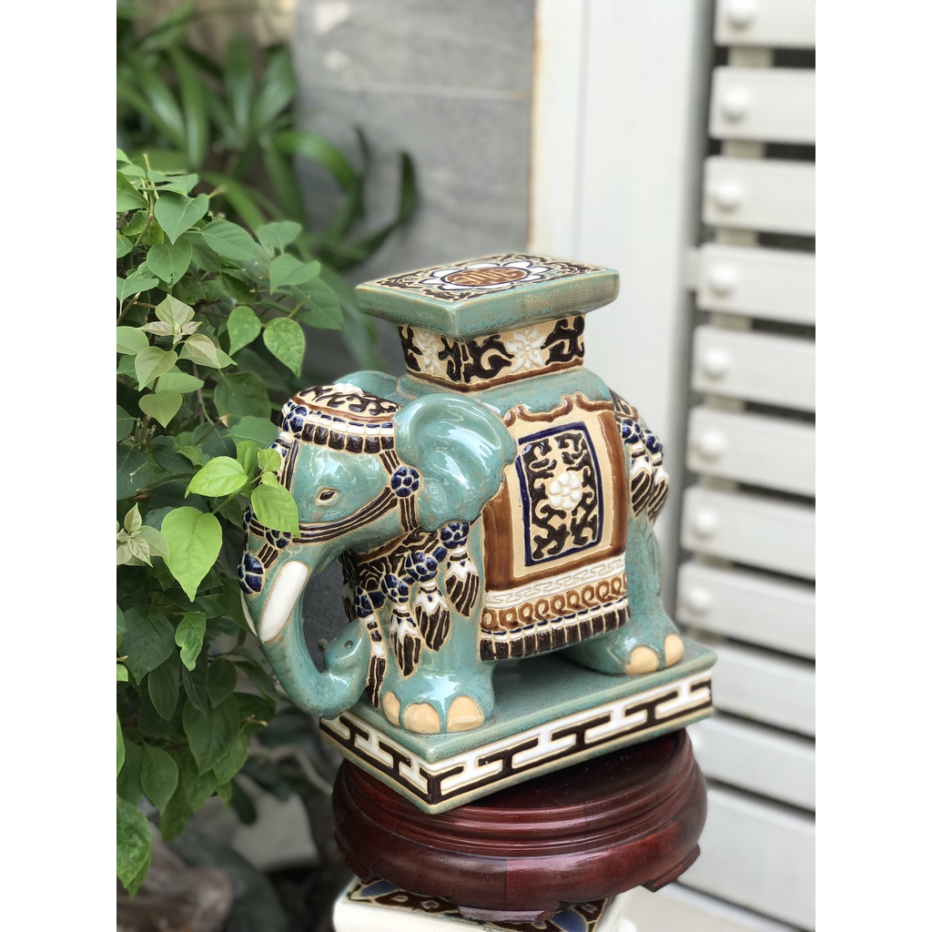 ĐÔN VOI GỐM SỨ TRANG TRÍ DECOR 30CM MEN XANH ĐỒNG TRỔ