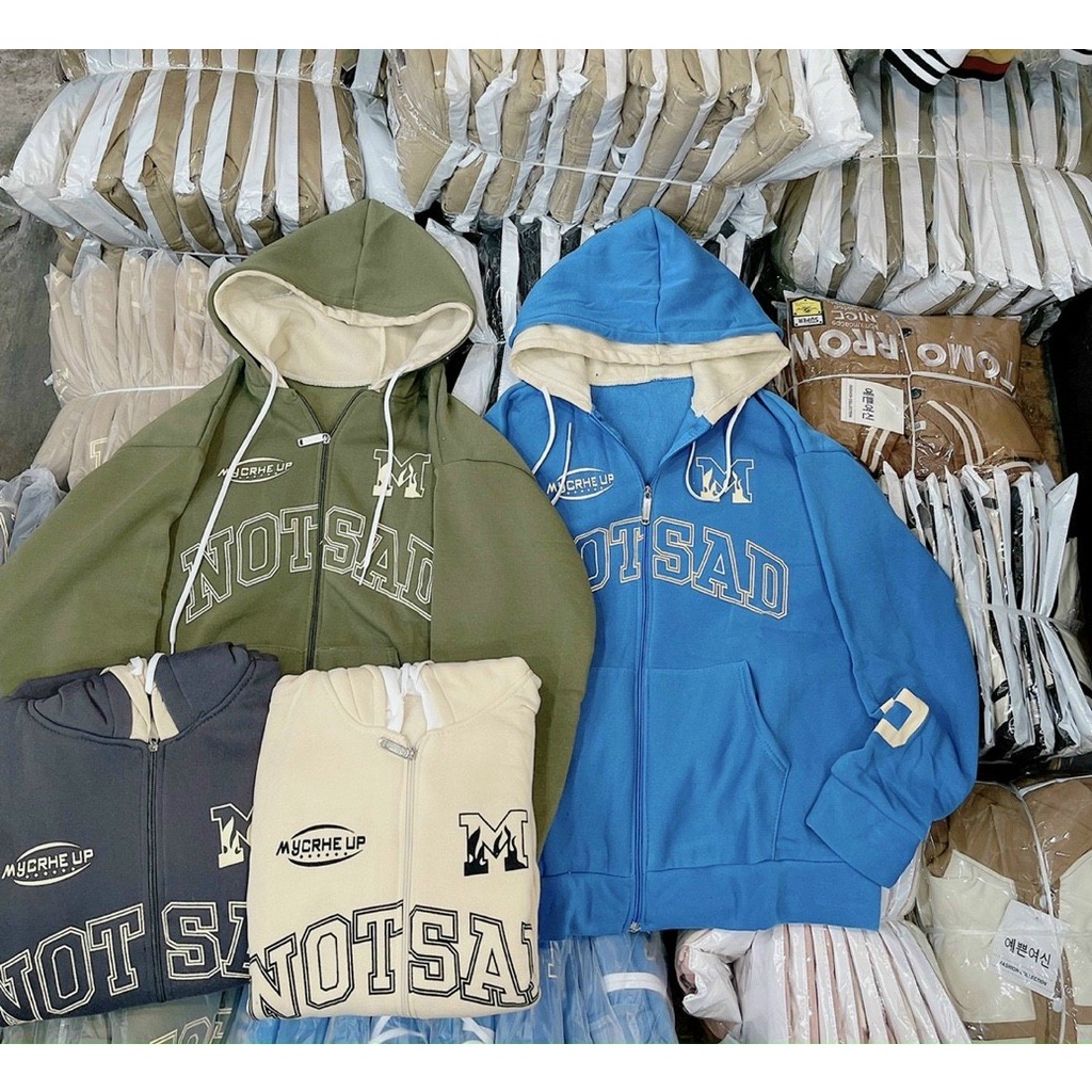 Áo Khoác Nỉ M NOT SAD sỐ 9 Kiểu Rộng Unisex Nam Nữ Có 2 Nón Mũ - Hoodie Khóa kéo Zip -Chống Nắng