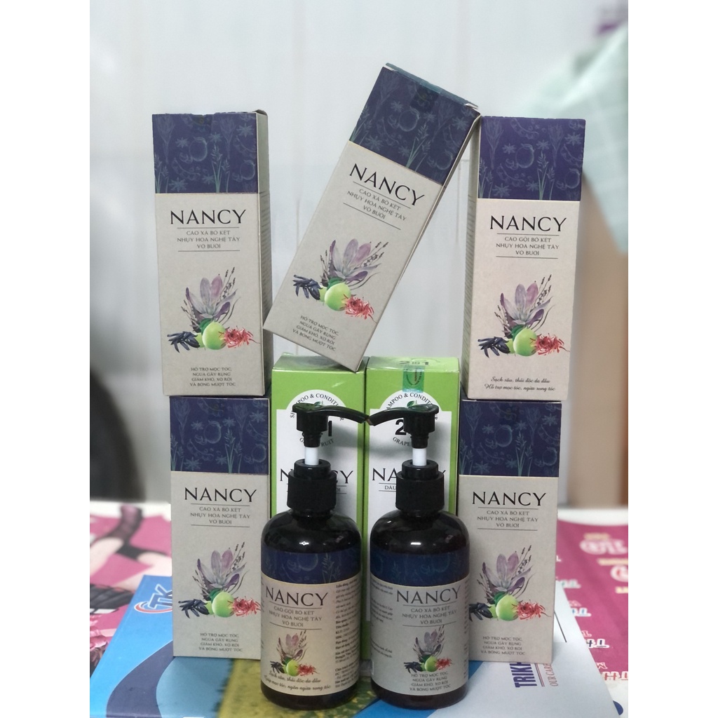 2 CẶP XẢ GỘI NANCY CAO XẢ BỒ KẾT NGỤY HOA NGHỆ TÂY VỎ BƯỞI TẶNG 1 CHAI GỘI XẢ NANCY