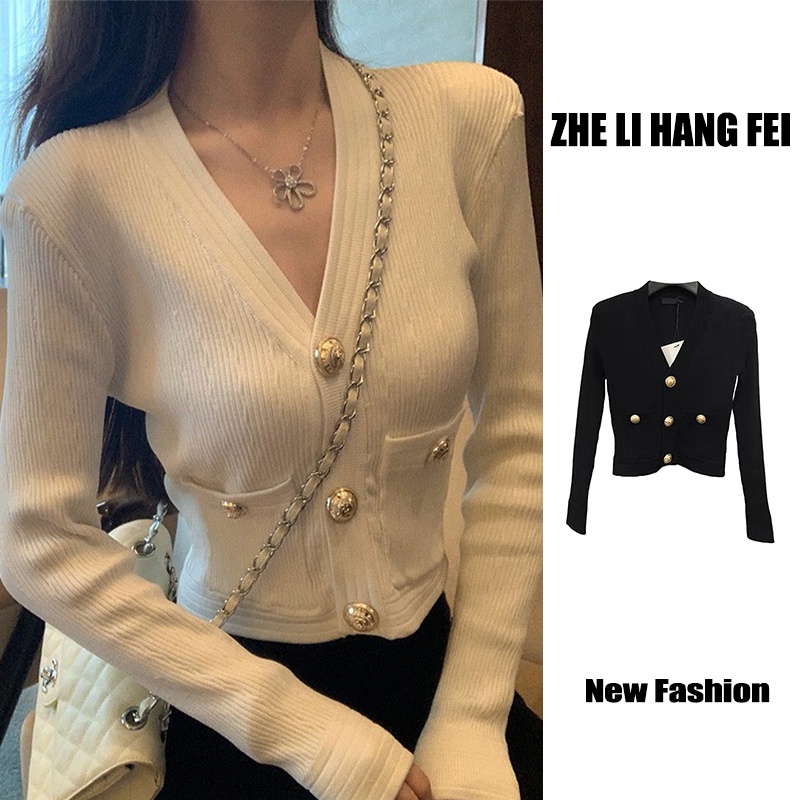 Áo khoác cardigan dệt kim ZHELIHANGFEI tay dài cổ V eo cao thời trang