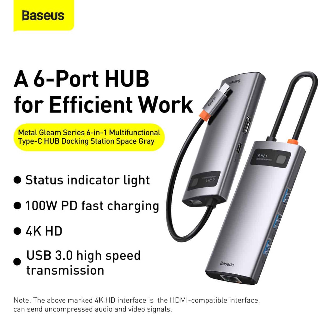 Bộ chuyển đổi đa năng Baseus Metal Gleam Type-C 6 trong 1 cho các thiết bị máy tính điện thoại hỗ trợ USB type C