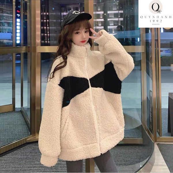 Áo khoác lông cổ cao LOGO gấu kèm túi, Áo lông nam nữ From rộng màu Đen Trắng Ullzang áo cặp đôi hotren 2022