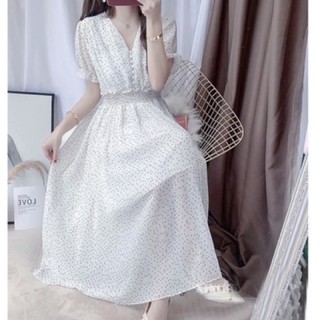 Đầm midi dạo phố bi trắng nút bọc dáng xoè (kèm hình thật)