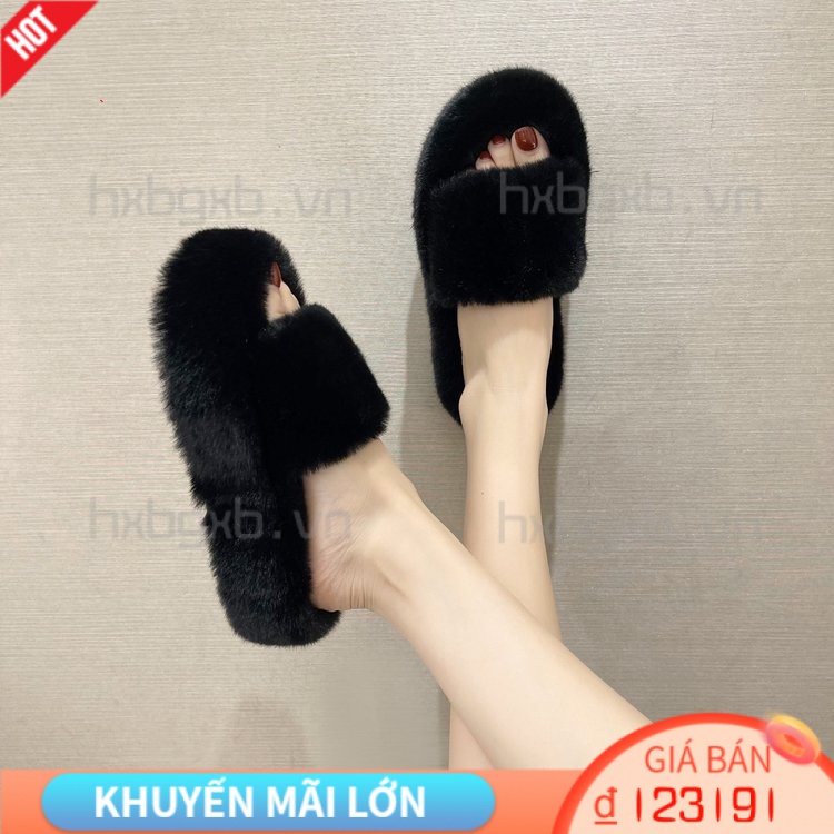 Dép Cao Su Đi Trong Nhà Đế Dày 3-5cm Phối Lông Nhân Tạo Thời Trang