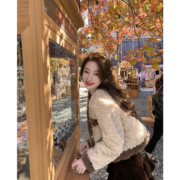 Áo Khoác Lông Cừu Nữ Cúc Đồng Lót Trần Bông Ấm