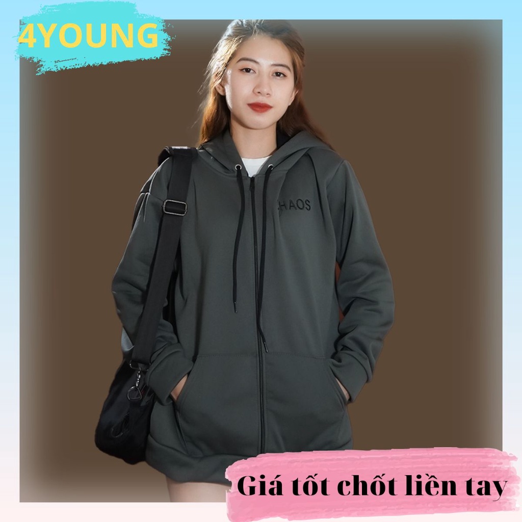 Áo khoác hoodie nam nữ có dây kéo form rộng họa tiết Thêu 4YOUNG DK1611