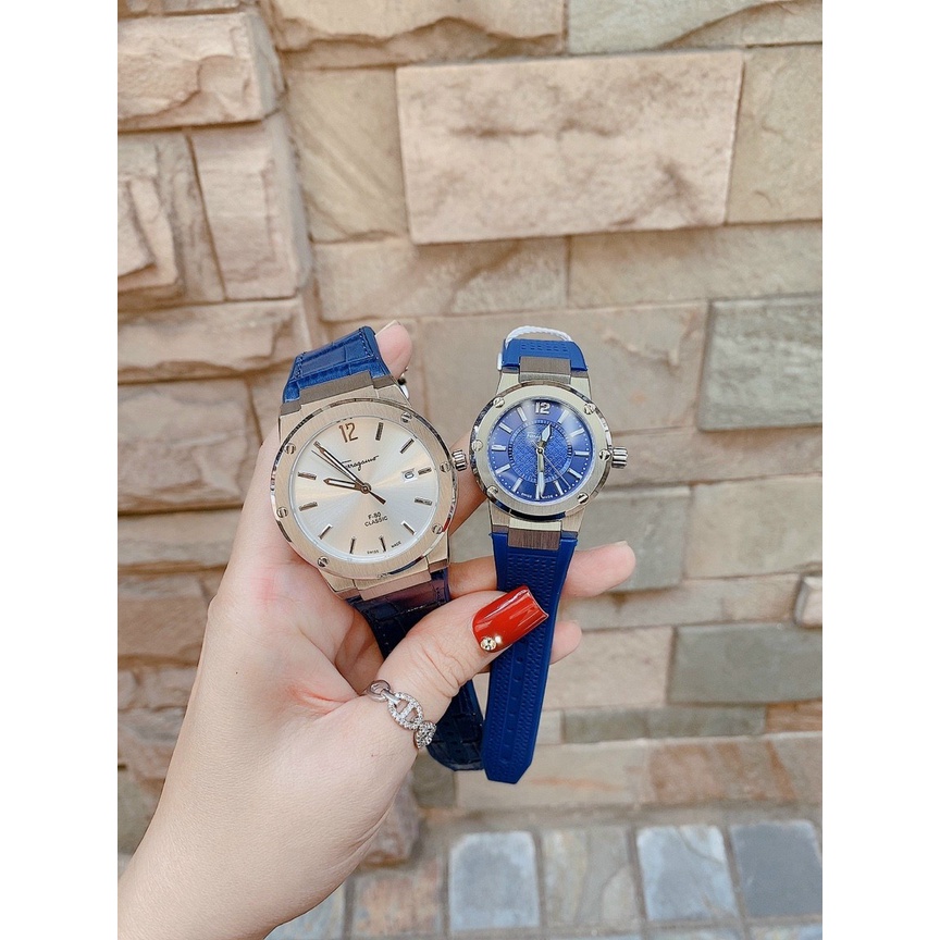Đồng Hồ Cặp Đôi Nam Nữ Ferragamo F80 Dây Da Cao Su- Size 41mm - 33mm - Máy Quartz Bảo Hành 12 Tháng