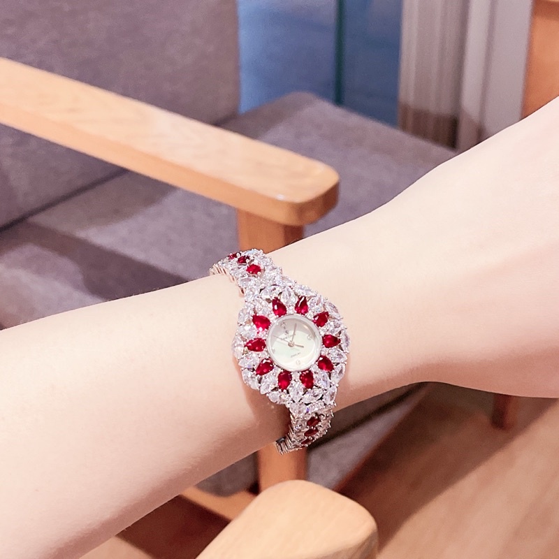 Đồng hồ Royal Crown 2035 mặt tròn hoa tuyết đính đá màu dây kim loại chính hãng