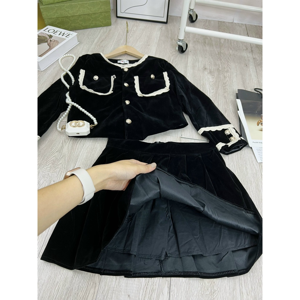 Set áo váy nhung Quảng Châu thiết kế dài tay phối viền ren tiểu thư, Set đồ nữ thu đông trẻ trung rẻ đẹp Bun Shop20