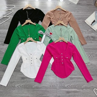 Áo thun Croptop body tay dài cổ V phối hai túi