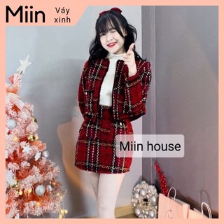 Set dạ đỏ kẻ phối màu áo khoác + chân váy