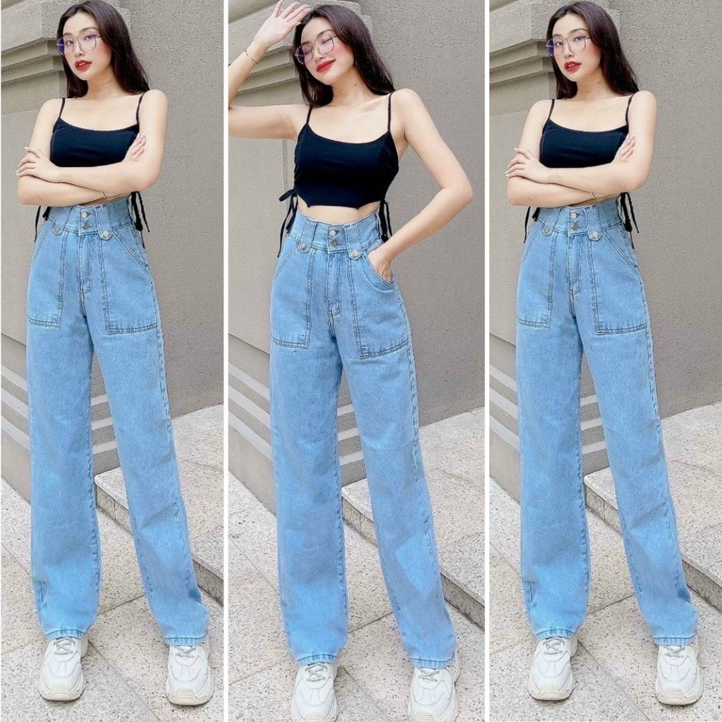 Quần Jeans Nữ Ống Rộng Lưng Cao Túi Vuông, Quần Bò Ống Rộng Cạp Cao Túi Vuông Dài 105cm 410