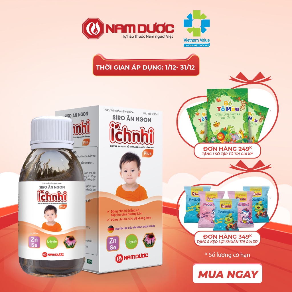 Siro ăn ngon Ích Nhi Plus lọ 100ml giúp nâng cao sức đề kháng, tăng chuyển hóa hấp thu dưỡng chất, giúp trẻ ăn ngon