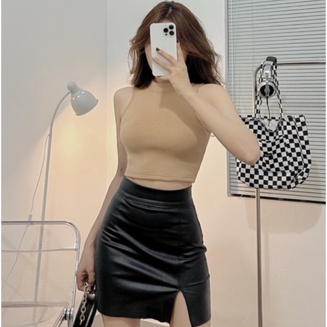 Chân váy xẻ nữ da cao cấp HHVINTAGE kiểu lưng cao co giãn Top A42