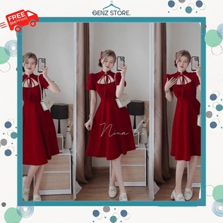 Váy Đầm Nữ Tay Phồng Dáng Xòe Thanh Lịch Khoét Ngực Cột Dây Quý Phái, Phối Nhung Mềm Mịn Xịn Xò FreeSize - GENZ STORE.