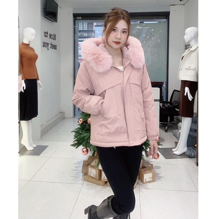 Áo khoác nữ Parka Kaki dáng ngắn siêu ấm đại hàn lót lông lông mũ tháo rời tiện lợi thiết kế Eva Lover 819N 02
