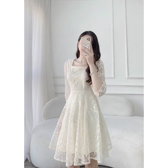 Đầm ren cổ vuông tay lỡ thiết kế