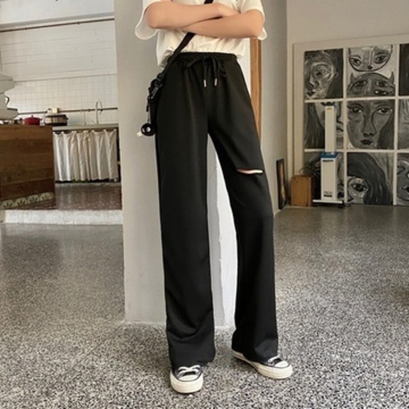 Quần Dài Lưng Cao Dáng Suông Rách Gối Thời Trang Cho Nữ