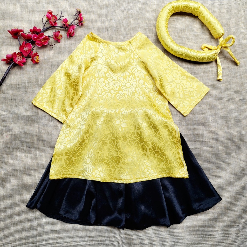 Áo Dài Gấm Lụa Màu Đỏ Tết , Áo Dài Cách Tân Mặc Cùng Chân Váy Xòe  Cho bé gái sơ sinh 4-16kg