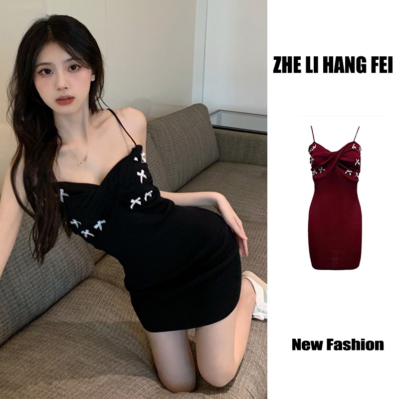 Đầm hai dây dệt kim ZHELIHANGFEI màu đen đính nơ ôm dáng quyến rũ