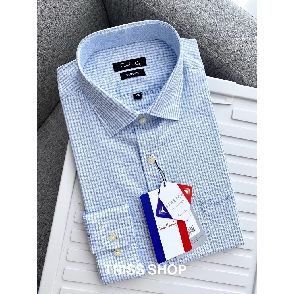 Áo sơ mi nam dài tay họa tiết caro cao cấp Pierre cardin 12 vải cotton chống nhăn form slimfit