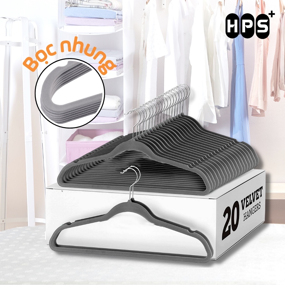 Set 20 móc treo quần áo bọc nhung cao cấp siêu mỏng,  Móc treo đồ xoay 360 độ, chống trượt tiện lợi