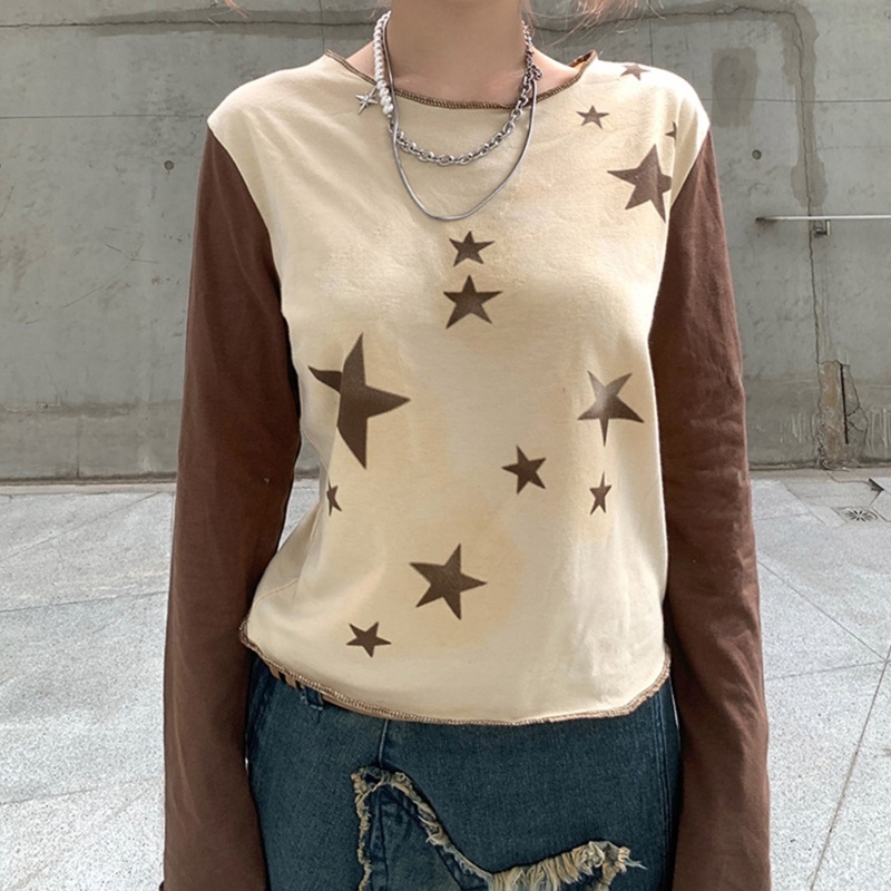 Xiangbao Áo Croptop Tay Dài Dáng Ôm In Họa Tiết Ngôi Sao Phối Màu Phong Cách Punk Cho Nữ