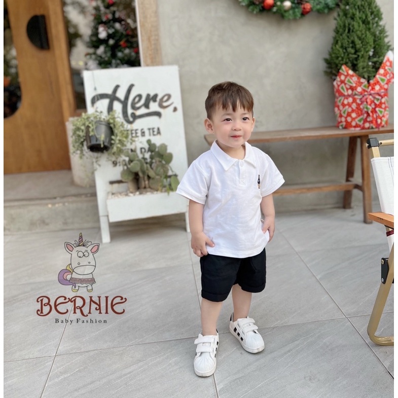 Bộ đồ Polo cho bé trai bé gái basic đồ đồi đồng phục BERNIE áo trắng quần short đen chân váy xếp ly bé 8-30kg