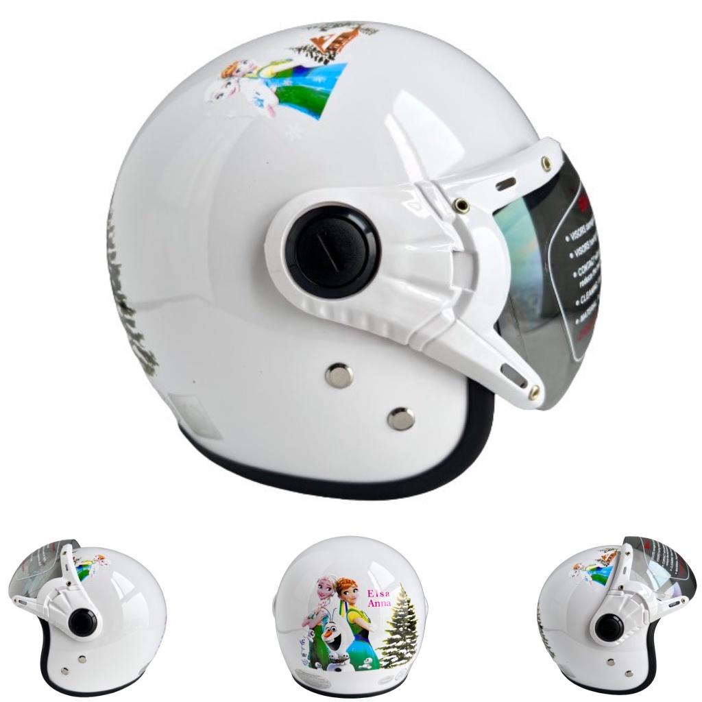 Mũ bảo hiểm trẻ em trùm 3/4 đầu dành cho bé từ 4 đến 8 tuổi, Vòng đầu 50-52cm, Bé nặng DƯỚI 25kg, BKtec BK32 Trắng Elsa