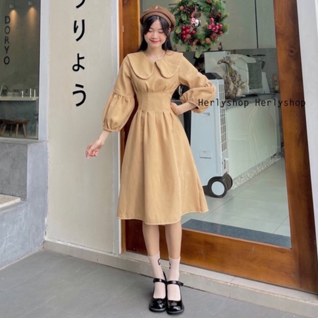 ĐẦM MIDI CỔ SEN TAY LỒNG ĐÈN