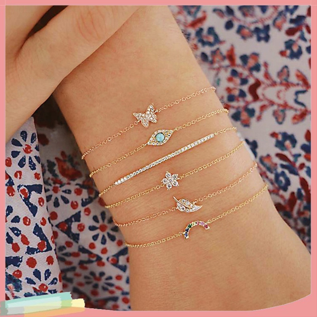 Bộ 6 Vòng Tay Hợp Kim Trang Trí Hoa Và Bướm Đính Đá Xinh Xắn Cho Nữ
