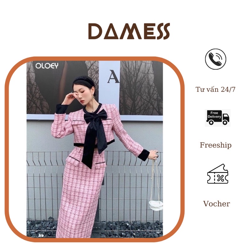 Set dạ tweed hồng kẻ cổ nơ gồm áo khoác và chân váy hàng quảng châu cao cấp