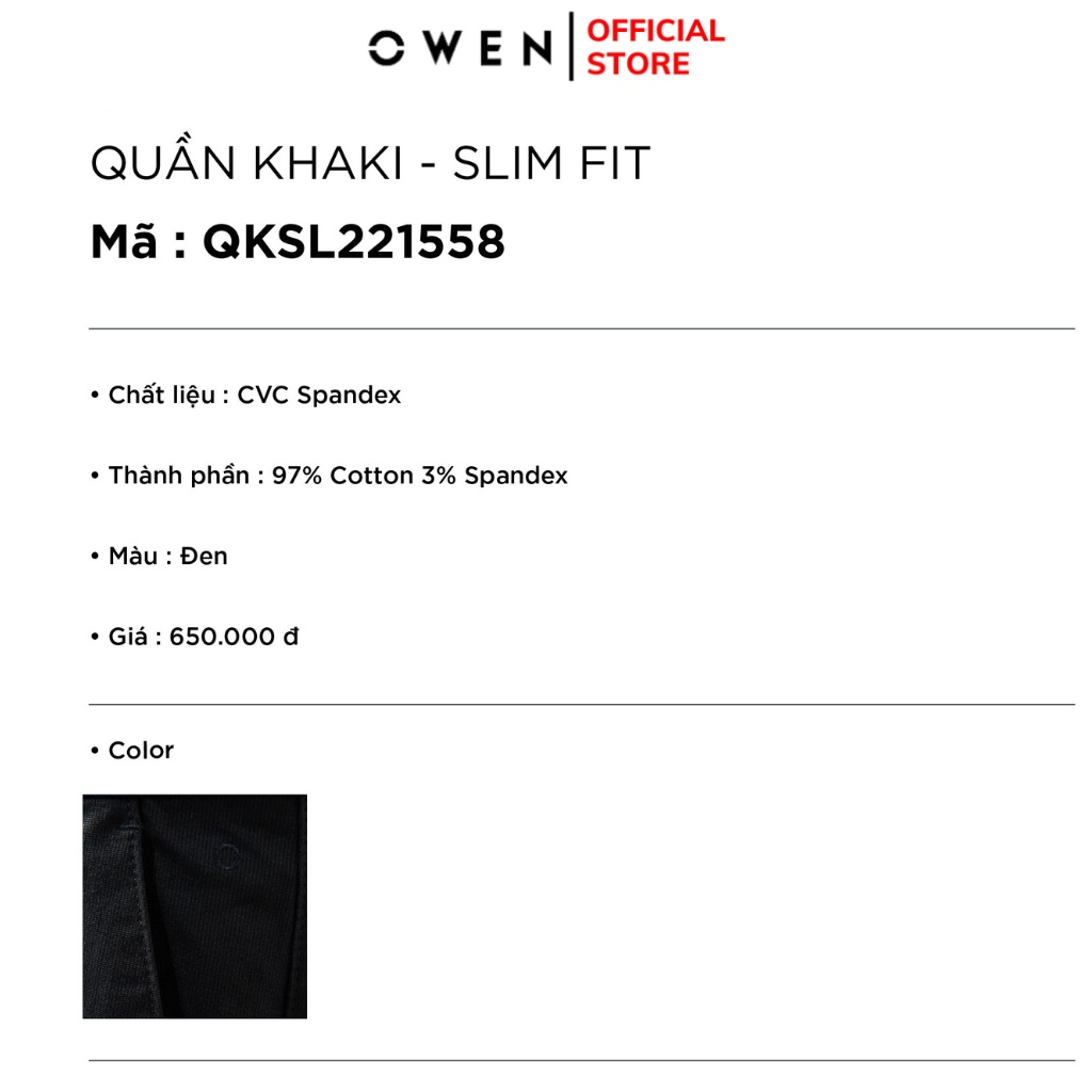 Quần dài kaki nam Owen QKSL221558 khaki công sở cao cấp màu đen trơn dáng slim fit ôm nhẹ vải thô cotton mềm mát dễ chịu