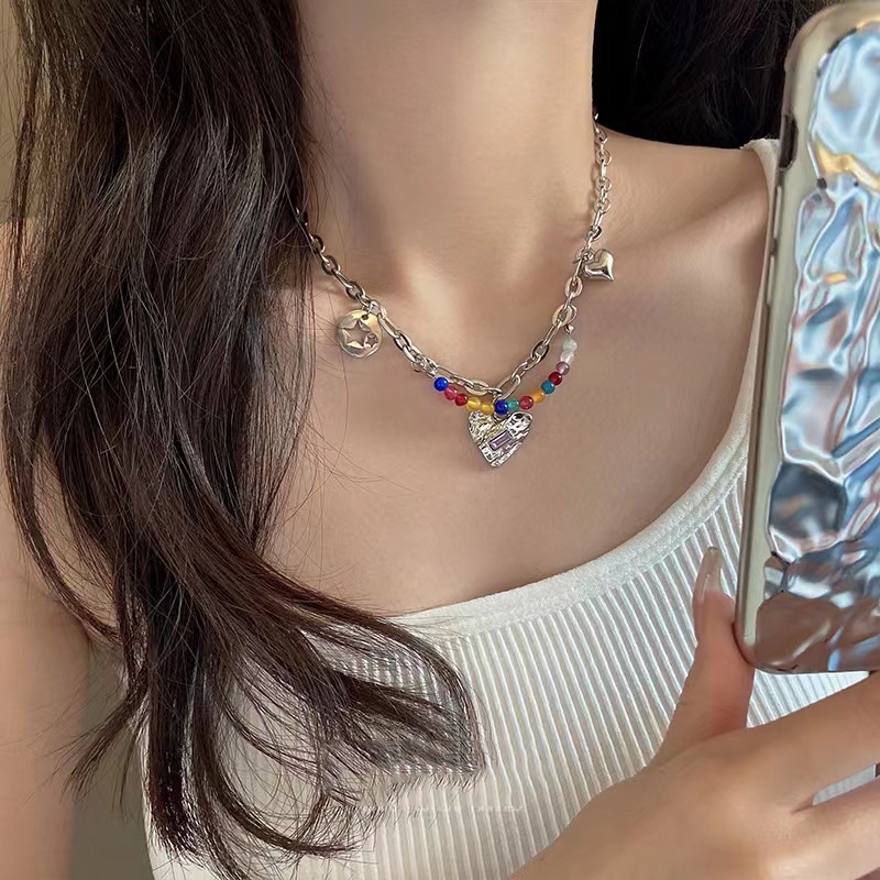 Vòng cổ dây xích mặt Trái tim chuỗi hạt Rainbow UlaBoutique Thời trang Hàn quốc Phong cách cá tính cho Nam và Nữ