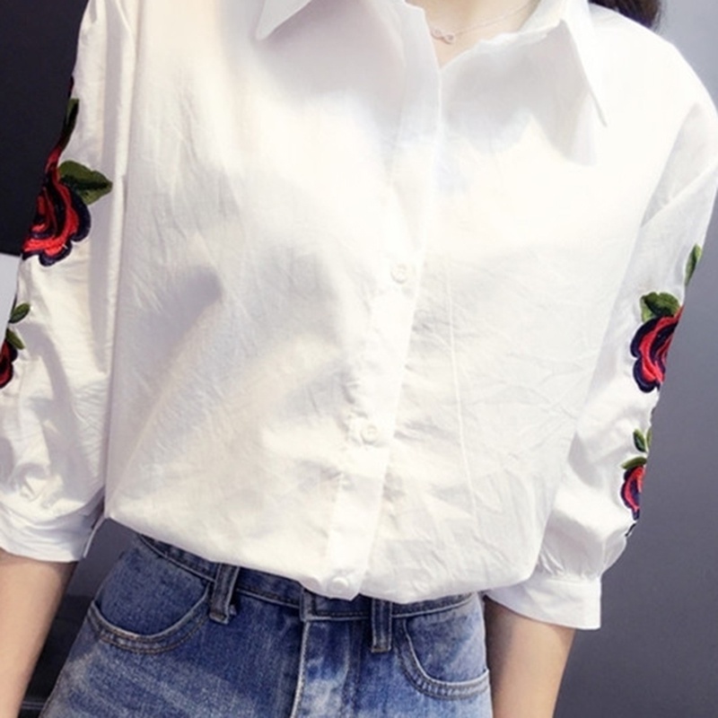 IELGY Áo Sơ Mi Dáng Rộng Thêu Họa Tiết Phong Cách Hàn Quốc Thời Trang Cho Nữ