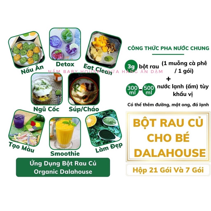 Bột rau củ Dalahouse cho bé ăn dặm vị cải xoăn, bó xôi, chùm ngây, bí đỏ, măng tây, khoai lang, đậu hà lan
