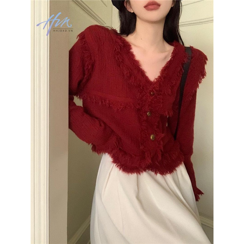 Áo Khoác Cardigan Dệt Kim Dáng Rộng Màu Đỏ Phối Tua Rua Thời Trang Thu Đông Năm Mới Cho Nữ