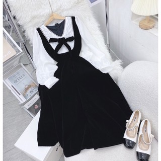 Đầm midi đen nhung phối trắng viền ren thắt nơ cổ Rossy Fashion - SR200