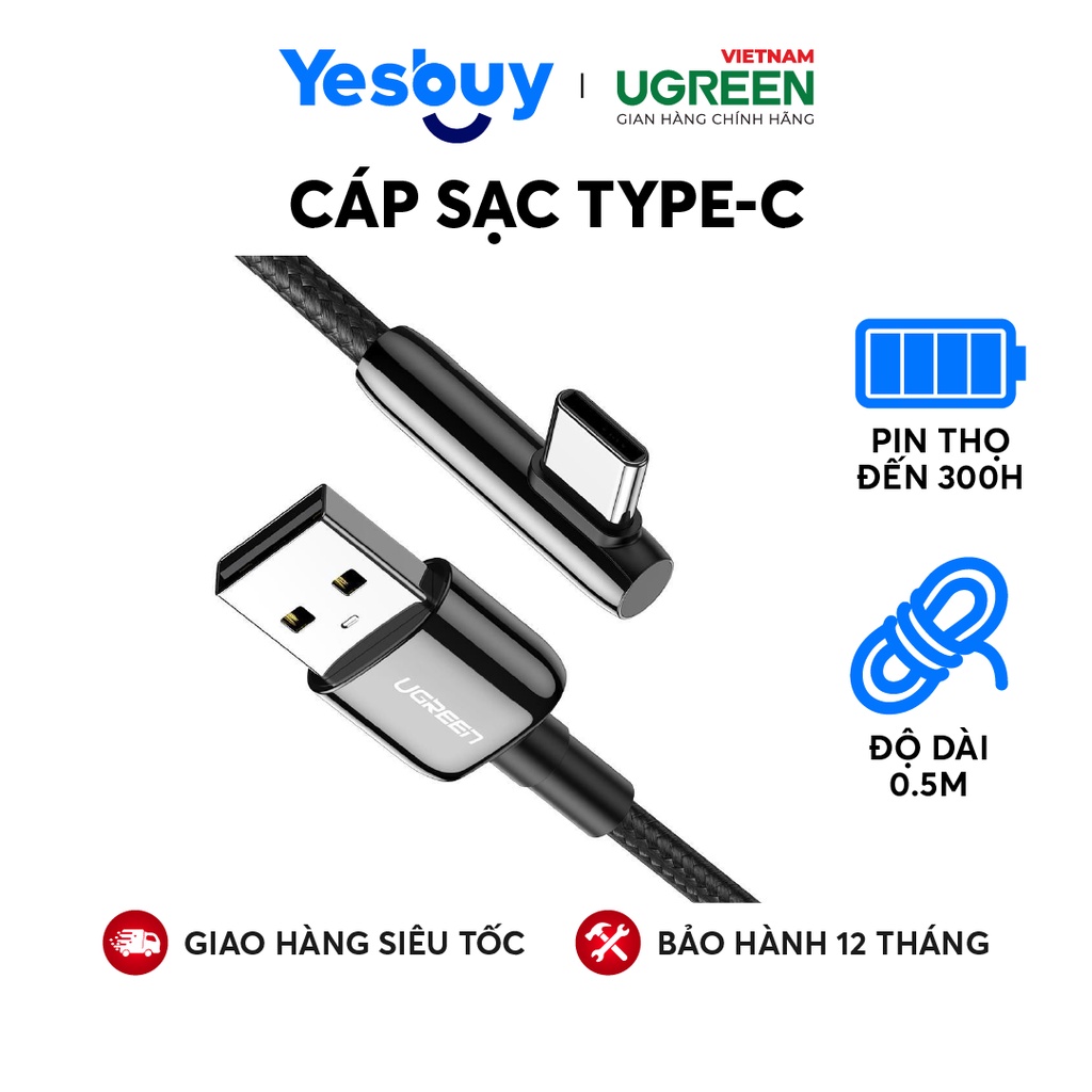 Cáp sạc Type-C UGREEN US313 Sạc nhanh QC 2.0 3.0 Dòng 3A - Đầu vẻ vuông góc chống gập gãy